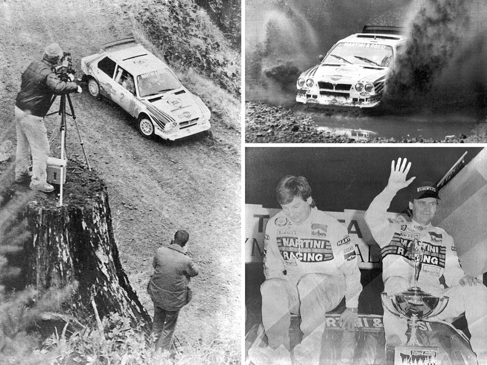 1980-luvun Olympus-rallit olivat suomalaisten ja Lancian juhlaa: Markku Alén ja Ilkka Kivimäki voittotunnelmissa 1986. 