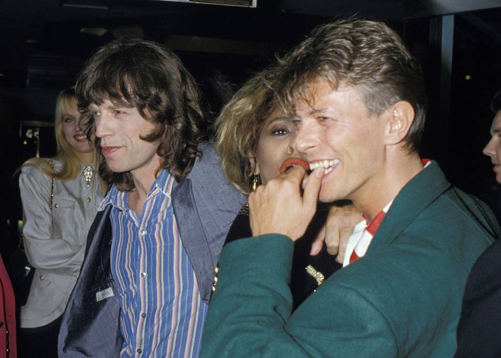 Jerry Hall, Mick Jagger, Tina Turner ja David Bowie vuonna 1985.