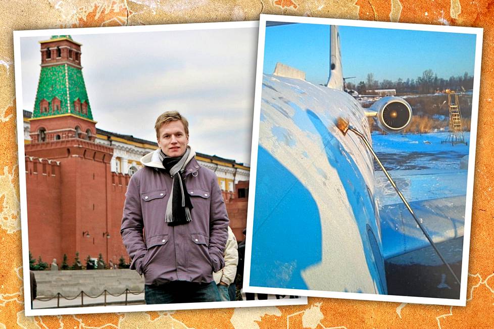 Esa Pirnes Moskovan Punaisella torilla. Pirnes kuvasi eräällä pelireissulla, miten Siperiassa hoidettiin jään poistaminen lentokoneen kyljistä.