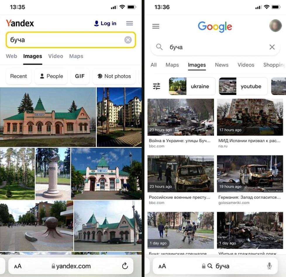 Venäläisten propaganda syöttää valheita Butshan teurastuksesta. Hakukone Googlesta saa eri tiedot kuin venäläisten Yandexista.