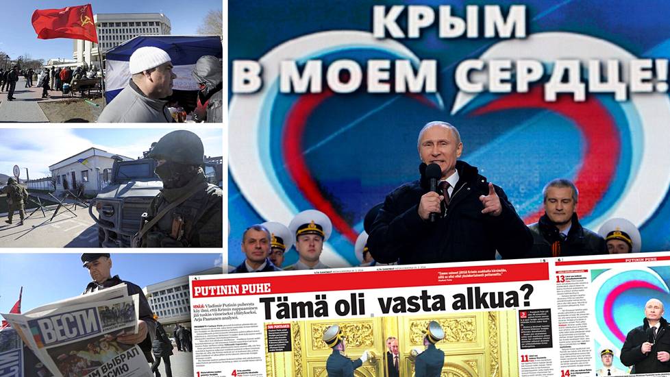 Kuva puhuvasta Putinista on otettu maaliskuun 18. päivänä 2014 sen jälkeen, kun Putin oli ilmoittanut Krimin liittämisestä Venäjään. Takana julisteessa lukee 