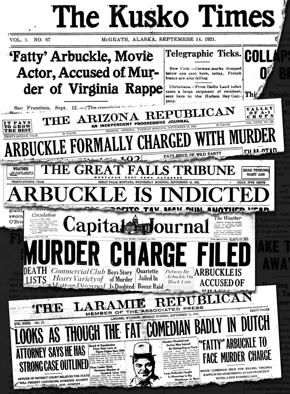 Arbucklen syytteet nousivat etusivun uutiseksi ympäri Yhdysvaltoja. Lehtileikkeitä 12.-14. syyskuuta 1921: The Kusko Times (Alaska), The Arizona Repubican, The Great Falls Tribune (Montana), Capital Journal (Oregon) ja The Laramie Republican (Wyoming).