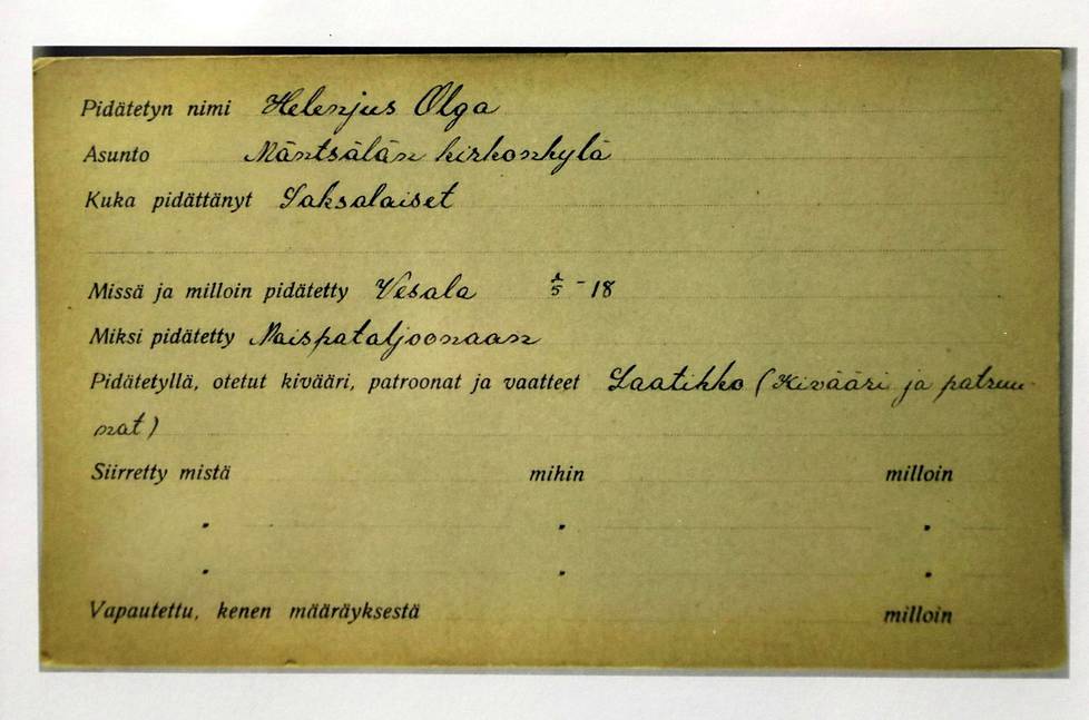 Vankikortti kertoo, että saksalaiset ottivat Olga Marian kiinni 1.5.1918.
