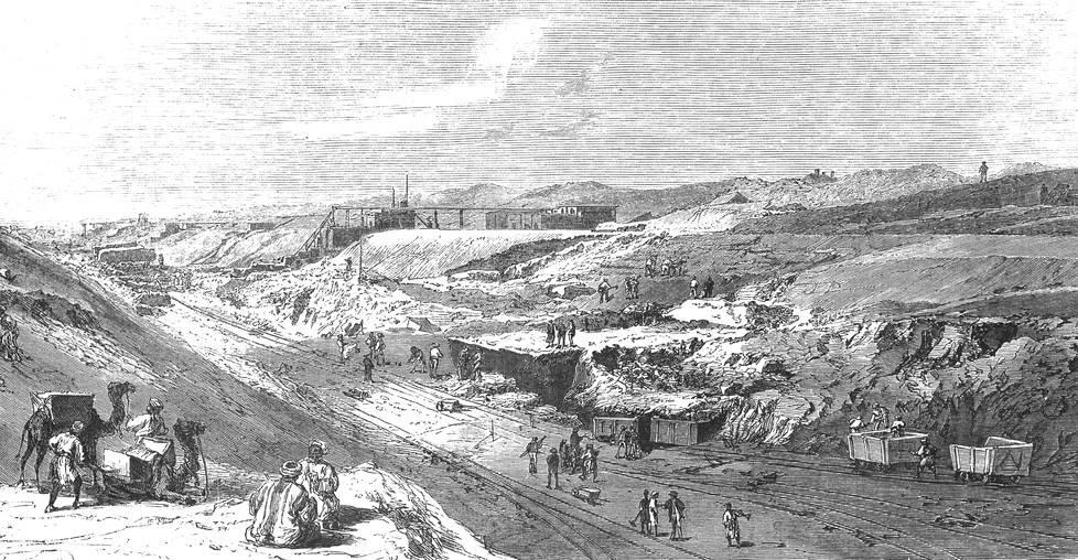 Piirros kanavan rakennustöistä vuodelta 1860.